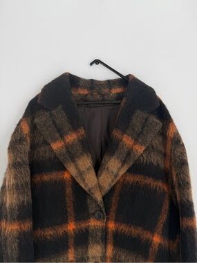 Cos Tailored Checked Alpaca Wool Blend Fuzzy Long Coat In Braun/Orange